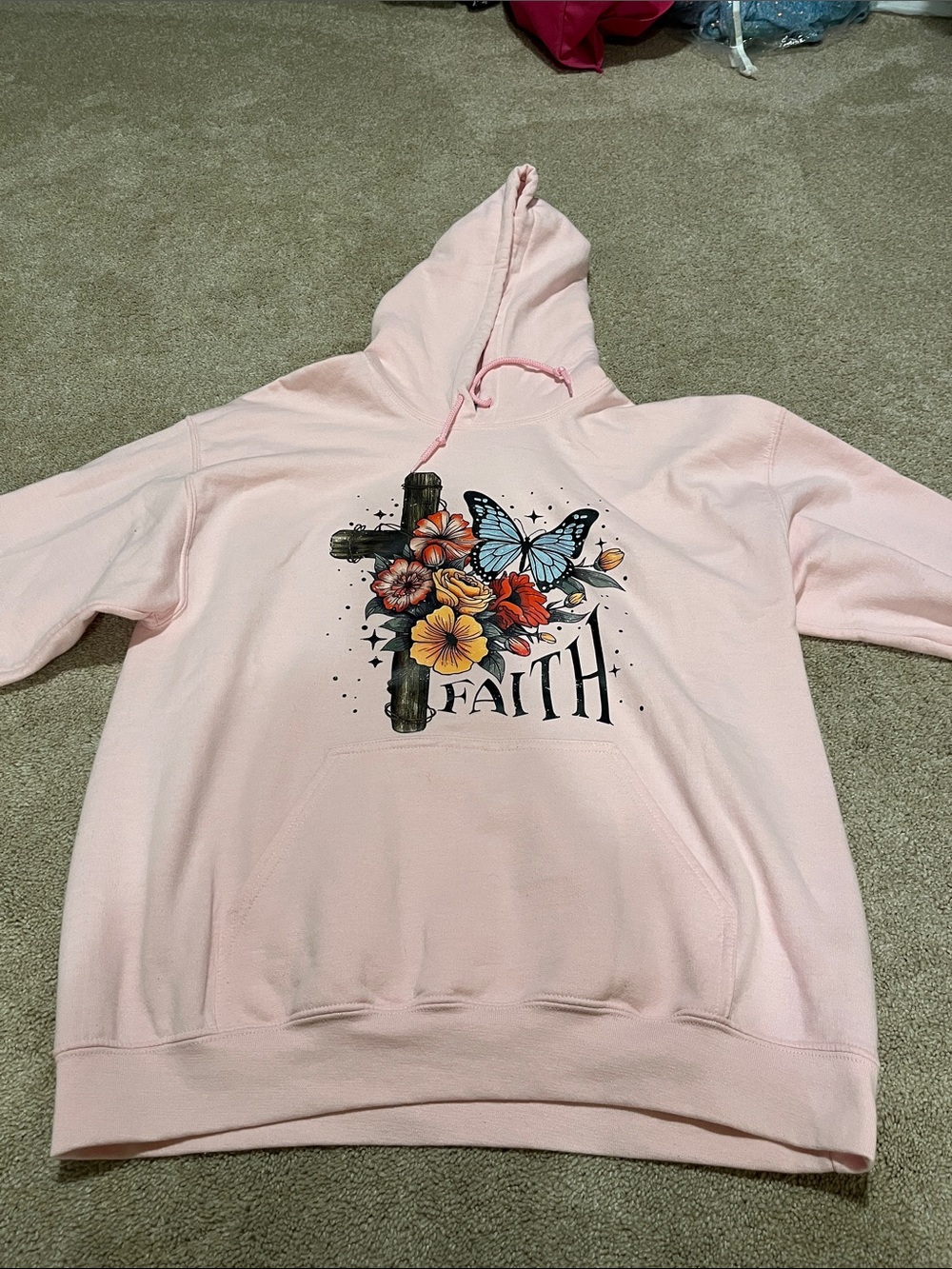 Gildan Pink Hoodie with Floral Cross and Butterfly Faith Graphic